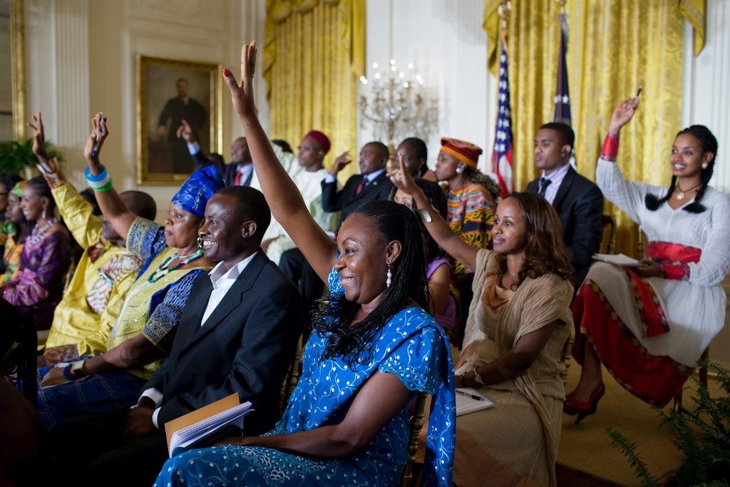 Participants raise their hands as President Barack Obama asks for questions during a town hall-style meeting with young African leaders in the East Room of the White House, Aug. 3, 2010. (Official White House Photo by Pete Souza)